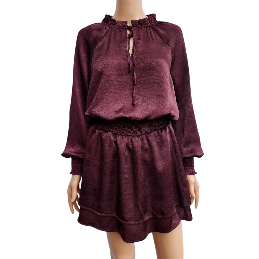 Veronica M Burgundy Satin Smocked Long Sleeve Dress Size S Small